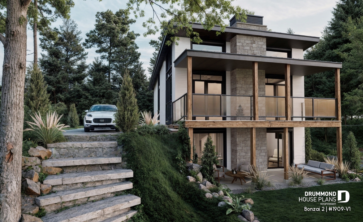 Rear view - BASE MODEL - Modern small cottage-style home plan with finished walkout basement, offering beautiful natural light - Bonzai 2