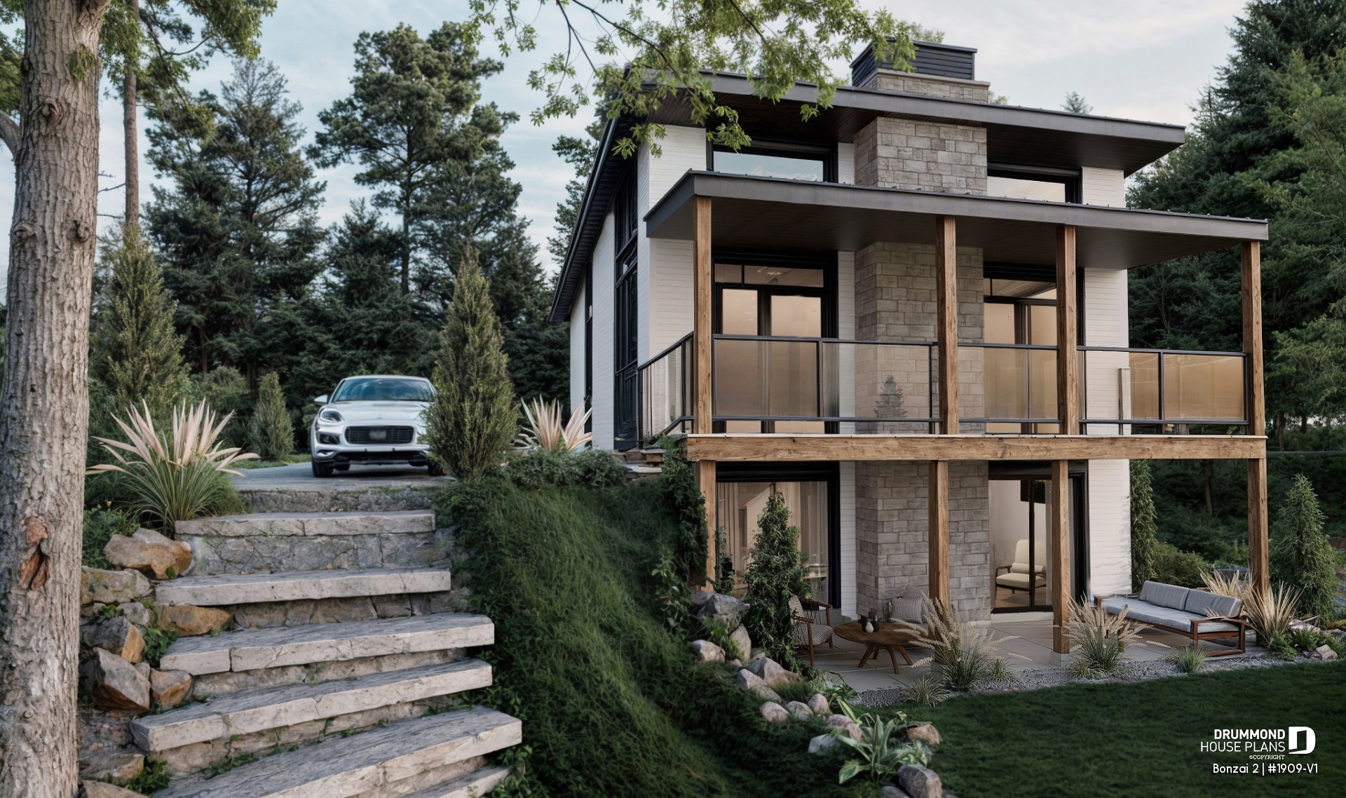 Rear view - BASE MODEL - Modern small cottage-style home plan with finished walkout basement, offering beautiful natural light - Bonzai 2