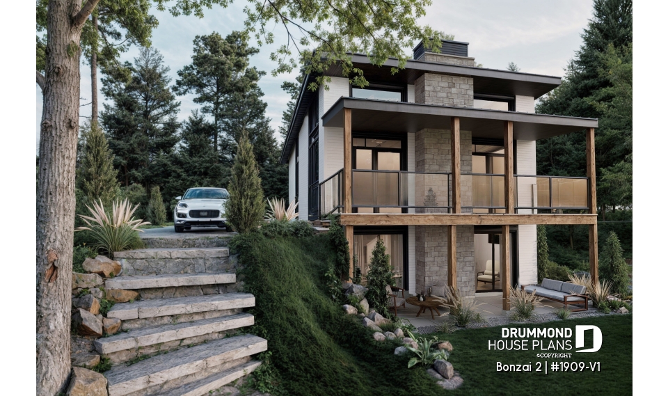 Rear view - BASE MODEL - Modern small cottage-style home plan with finished walkout basement, offering beautiful natural light - Bonzai 2