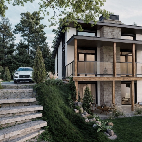 Rear view - BASE MODEL - Modern small cottage-style home plan with finished walkout basement, offering beautiful natural light - Bonzai 2