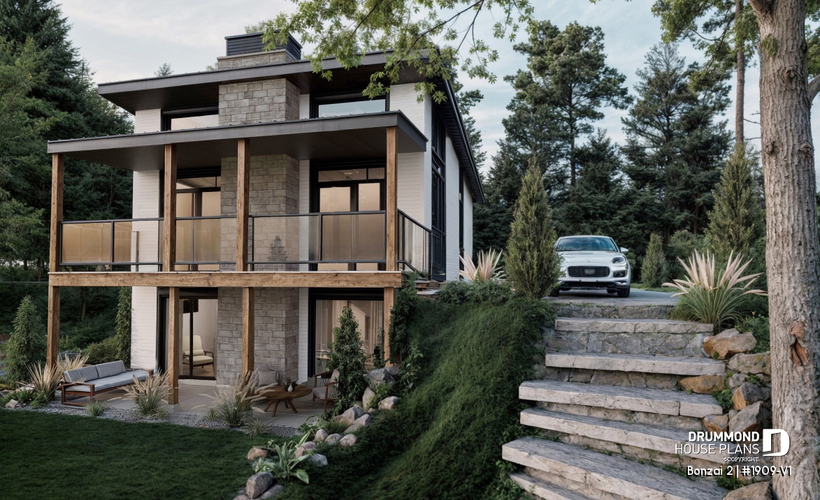 Rear view - BASE MODEL - Modern small cottage-style home plan with finished walkout basement, offering beautiful natural light - Bonzai 2