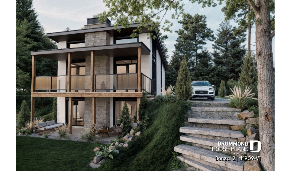 Rear view - BASE MODEL - Modern small cottage-style home plan with finished walkout basement, offering beautiful natural light - Bonzai 2