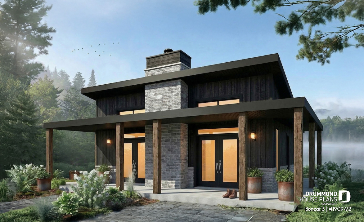 front - BASE MODEL - Small modern cabin plan with 2 bedrooms, 930 sq. ft., central fireplace, and warm contemporary style - Bonzai 3