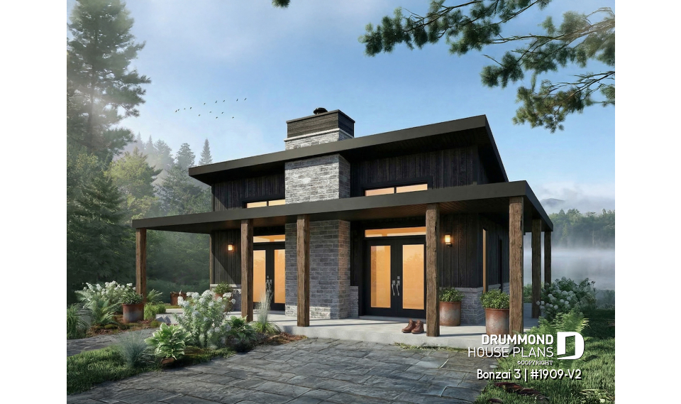 front - BASE MODEL - Small modern cabin plan with 2 bedrooms, 930 sq. ft., central fireplace, and warm contemporary style - Bonzai 3