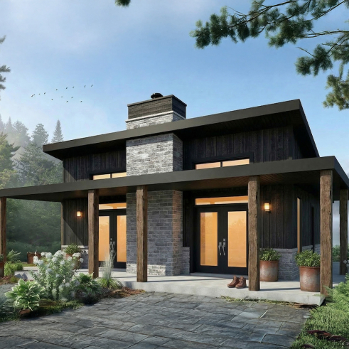 front - BASE MODEL - Small modern cabin plan with 2 bedrooms, 930 sq. ft., central fireplace, and warm contemporary style - Bonzai 3