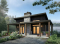 front - BASE MODEL - Small modern cabin plan with 2 bedrooms, 930 sq. ft., central fireplace, and warm contemporary style - Bonzai 3