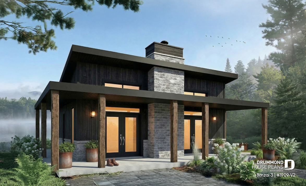 front - BASE MODEL - Small modern cabin plan with 2 bedrooms, 930 sq. ft., central fireplace, and warm contemporary style - Bonzai 3