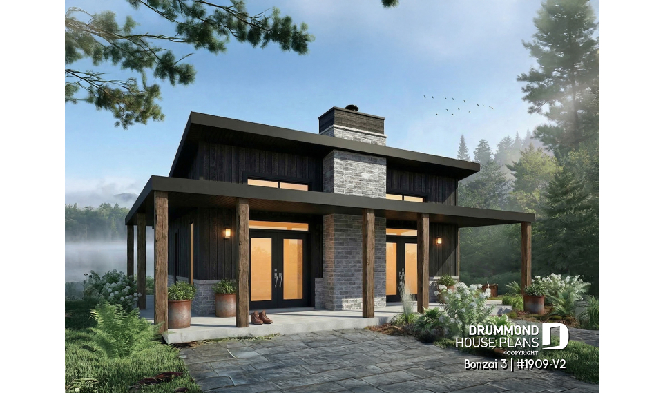 front - BASE MODEL - Small modern cabin plan with 2 bedrooms, 930 sq. ft., central fireplace, and warm contemporary style - Bonzai 3