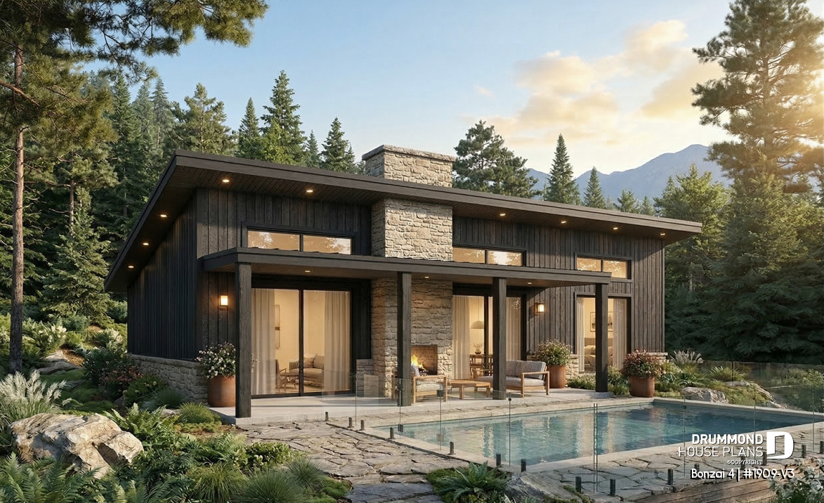Rear view - BASE MODEL - Modern single-story cottage plan with 3 bedrooms, slab foundation and outdoor fireplace - Bonzai 4