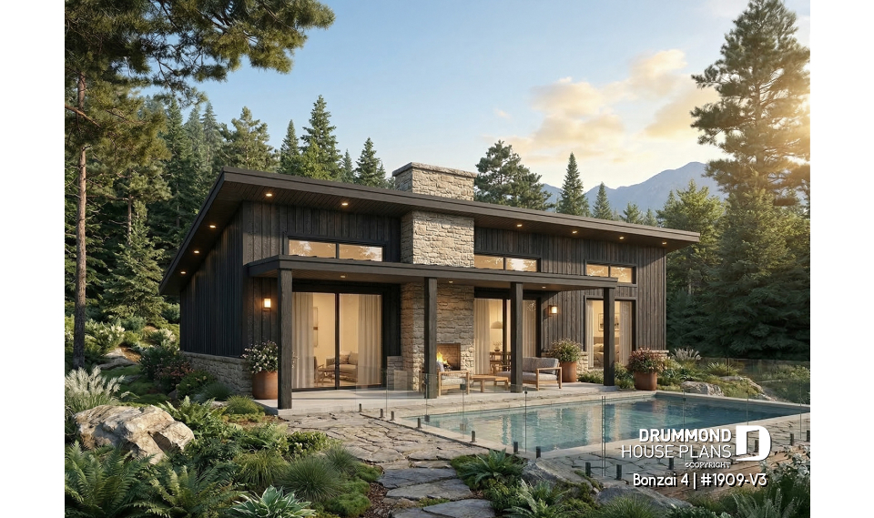 Rear view - BASE MODEL - Modern single-story cottage plan with 3 bedrooms, slab foundation and outdoor fireplace - Bonzai 4