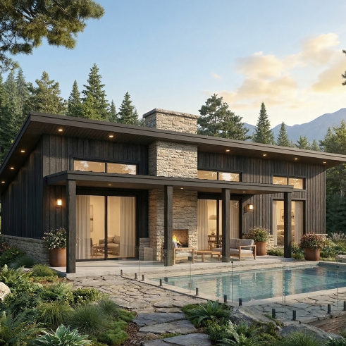 Rear view - BASE MODEL - Modern single-story cottage plan with 3 bedrooms, slab foundation and outdoor fireplace - Bonzai 4