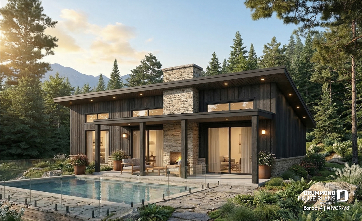 Rear view - BASE MODEL - Modern single-story cottage plan with 3 bedrooms, slab foundation and outdoor fireplace - Bonzai 4