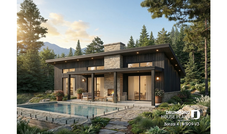 Rear view - BASE MODEL - Modern single-story cottage plan with 3 bedrooms, slab foundation and outdoor fireplace - Bonzai 4