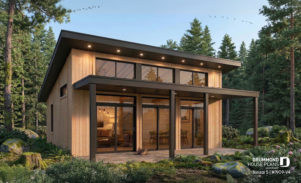 front - BASE MODEL - Affordable modern single-story cottage plan with 2 bedrooms and large covered deck - Bonzai 5