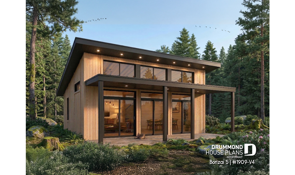 front - BASE MODEL - Affordable modern single-story cottage plan with 2 bedrooms and large covered deck - Bonzai 5