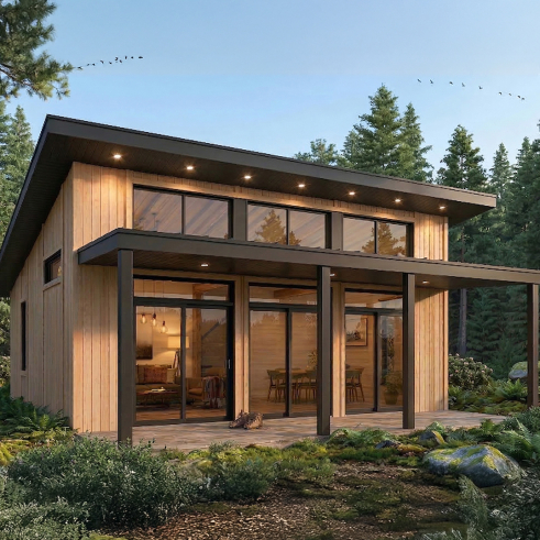 front - BASE MODEL - Affordable modern single-story cottage plan with 2 bedrooms and large covered deck - Bonzai 5