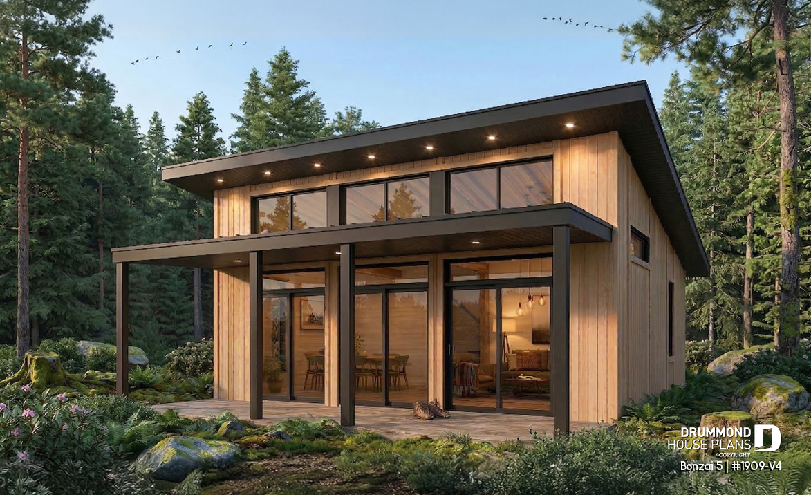 front - BASE MODEL - Affordable modern single-story cottage plan with 2 bedrooms and large covered deck - Bonzai 5