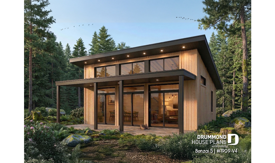 front - BASE MODEL - Affordable modern single-story cottage plan with 2 bedrooms and large covered deck - Bonzai 5