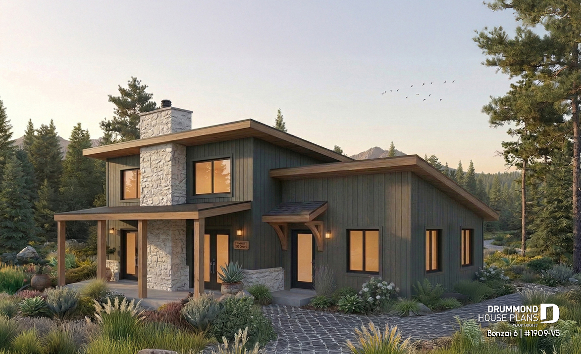 front - BASE MODEL - Modern rustic single-story cottage plan with 3 bedrooms, central fireplace,slab foundation and covered terrace - Bonzai 6