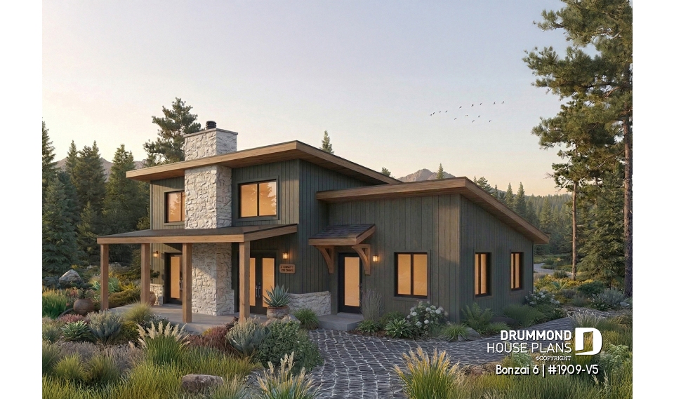 front - BASE MODEL - Modern rustic single-story cottage plan with 3 bedrooms, central fireplace,slab foundation and covered terrace - Bonzai 6