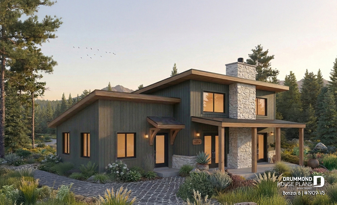 front - BASE MODEL - Modern rustic single-story cottage plan with 3 bedrooms, central fireplace,slab foundation and covered terrace - Bonzai 6