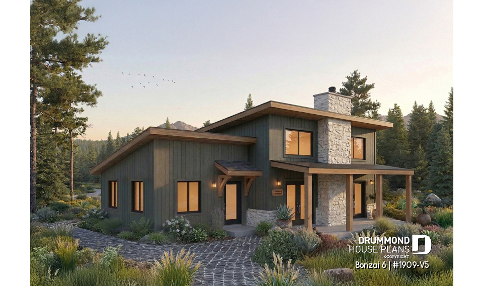 front - BASE MODEL - Modern rustic single-story cottage plan with 3 bedrooms, central fireplace,slab foundation and covered terrace - Bonzai 6