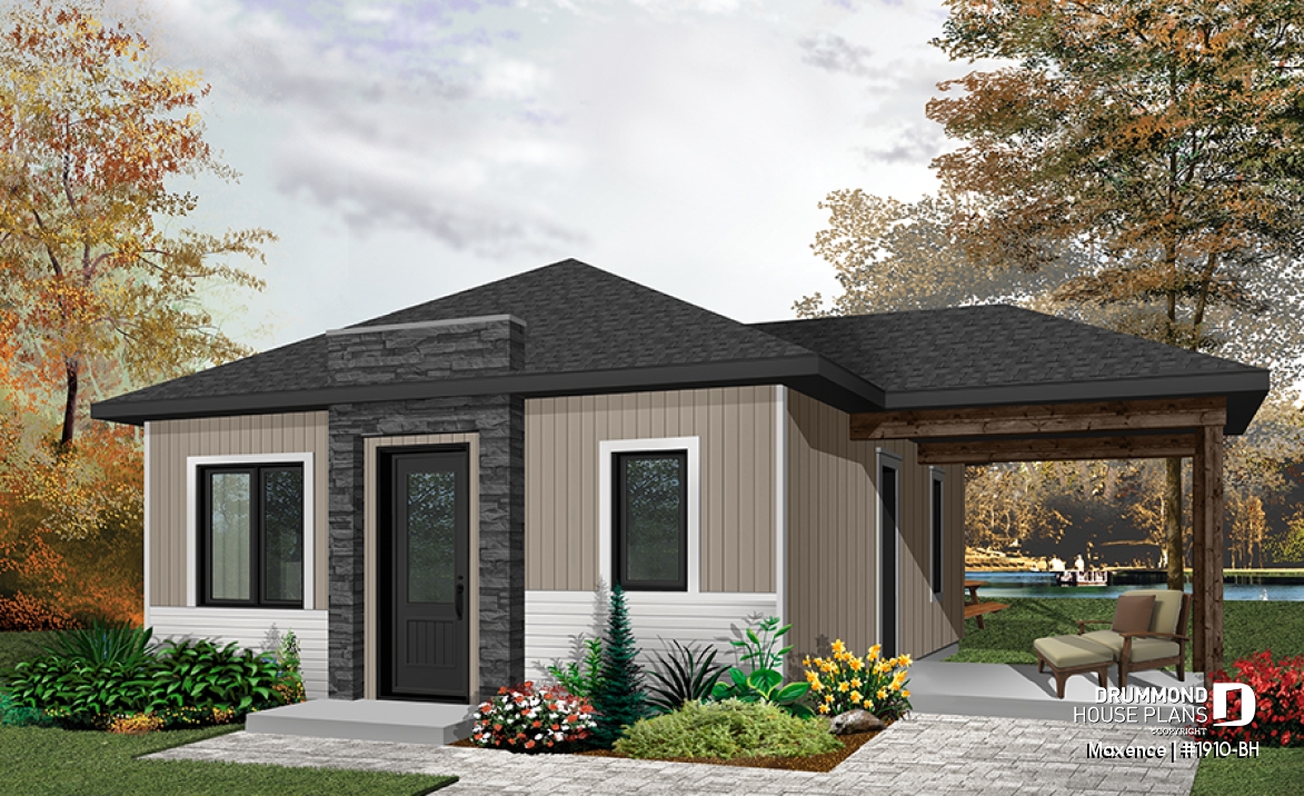 front - BASE MODEL - Small affordable modern 2 bedroom home plan, open kitchen and family room, side deck - Maxence