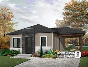 front - BASE MODEL - Small affordable modern 2 bedroom home plan, open kitchen and family room, side deck - Maxence