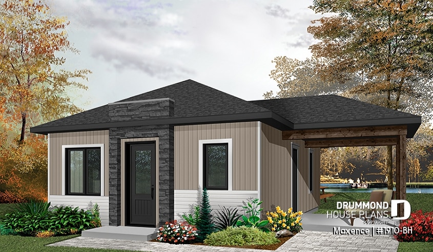 front - BASE MODEL - Small affordable modern 2 bedroom home plan, open kitchen and family room, side deck - Maxence