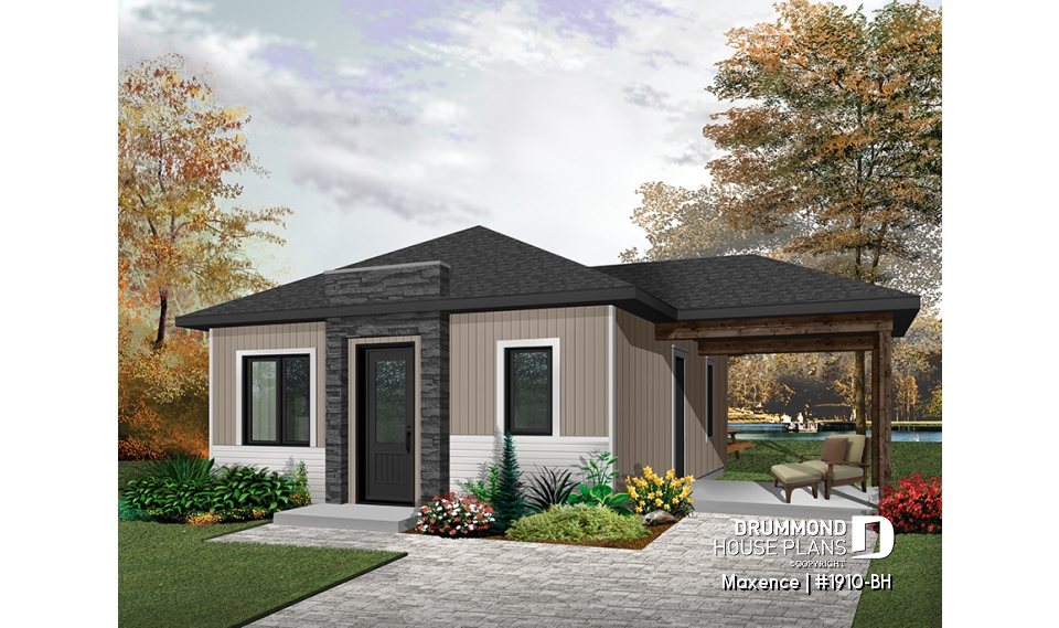 front - BASE MODEL - Small affordable modern 2 bedroom home plan, open kitchen and family room, side deck - Maxence