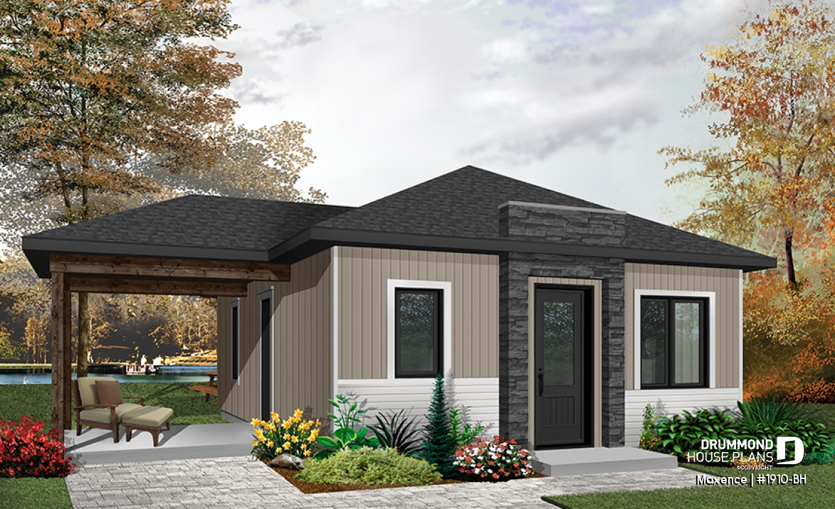 front - BASE MODEL - Small affordable modern 2 bedroom home plan, open kitchen and family room, side deck - Maxence