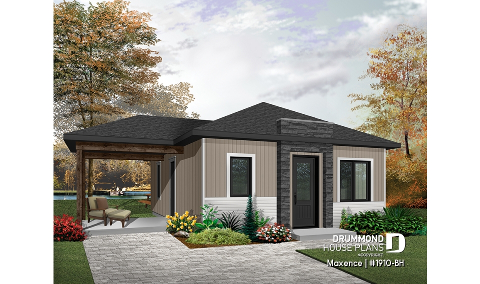 front - BASE MODEL - Small affordable modern 2 bedroom home plan, open kitchen and family room, side deck - Maxence