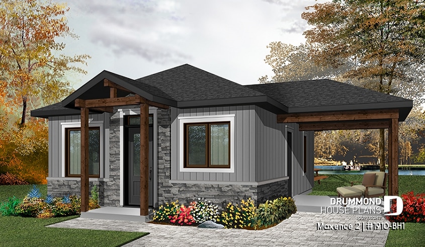 Color version 4 - Front - Small modern rustic 2 bedroom home plans, open kitchen and family room, large side covered deck - Maxence 2