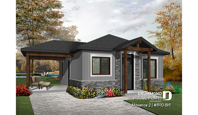 Color version 4 - Front - Small modern rustic 2 bedroom home plans, open kitchen and family room, large side covered deck - Maxence 2