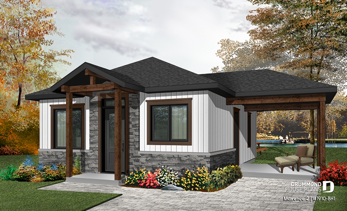 front - BASE MODEL - Small modern rustic 2 bedroom home plans, open kitchen and family room, large side covered deck - Maxence 2