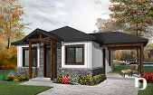 front - BASE MODEL - Small modern rustic 2 bedroom home plans, open kitchen and family room, large side covered deck - Maxence 2