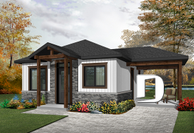 front - BASE MODEL - Small modern rustic 2 bedroom home plans, open kitchen and family room, large side covered deck - Maxence 2