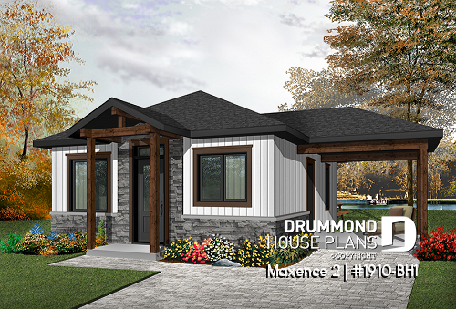 front - BASE MODEL - Small modern rustic 2 bedroom home plans, open kitchen and family room, large side covered deck - Maxence 2