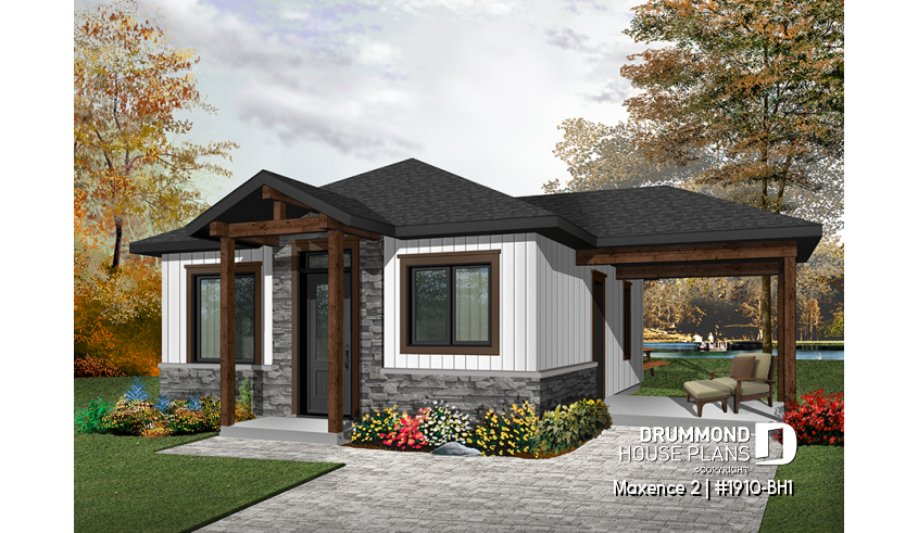 front - BASE MODEL - Small modern rustic 2 bedroom home plans, open kitchen and family room, large side covered deck - Maxence 2