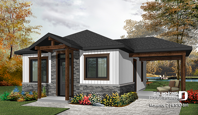 front - BASE MODEL - Small modern rustic 2 bedroom home plans, open kitchen and family room, large side covered deck - Maxence 2