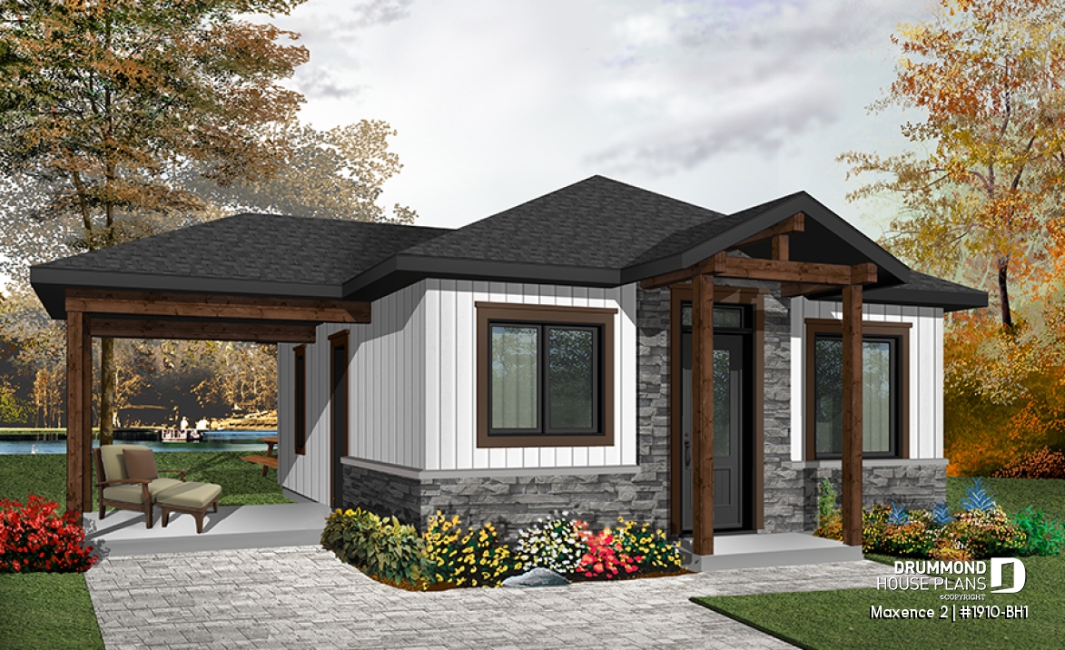 front - BASE MODEL - Small modern rustic 2 bedroom home plans, open kitchen and family room, large side covered deck - Maxence 2