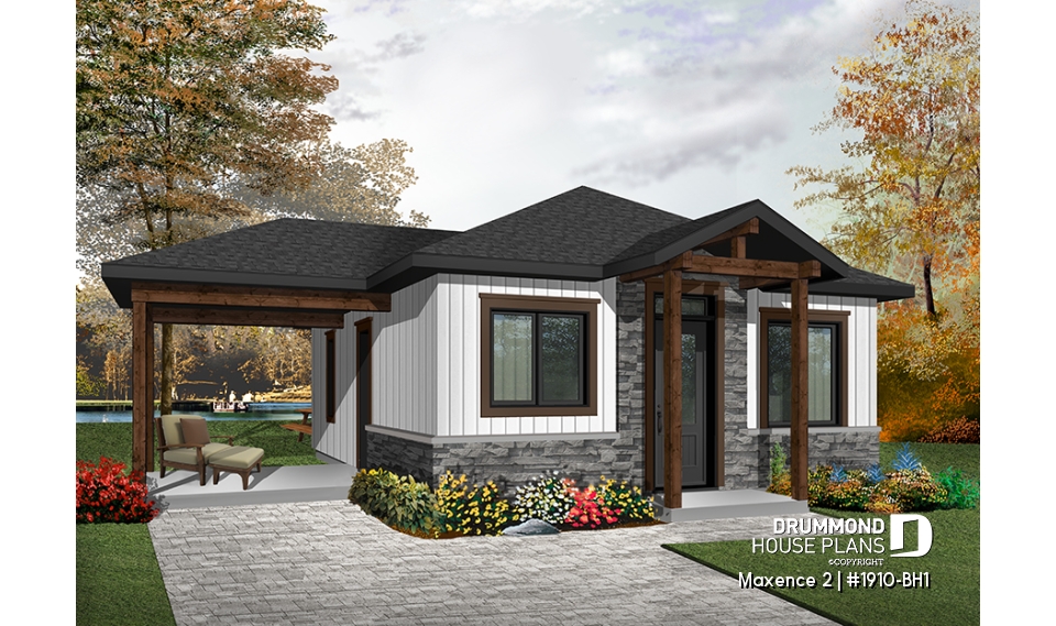front - BASE MODEL - Small modern rustic 2 bedroom home plans, open kitchen and family room, large side covered deck - Maxence 2