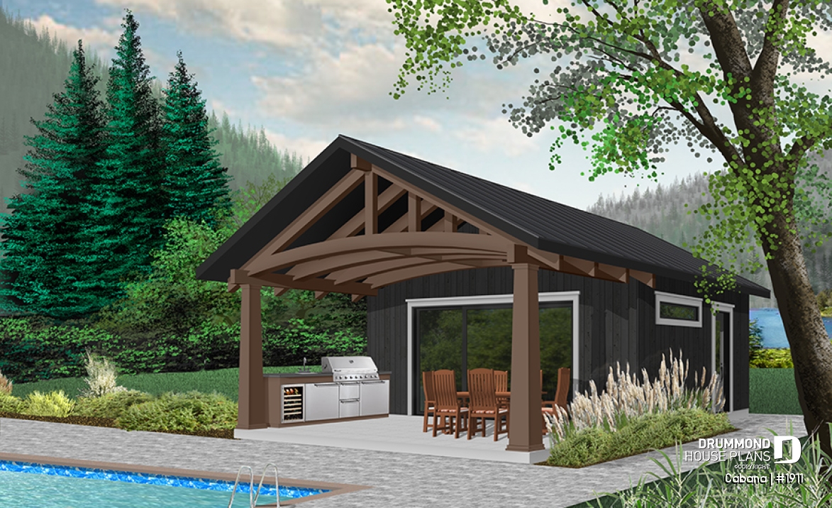 Color version 8 - Front - Pool house plan or cabana house plan, shower room, outdoor kitchen, large covered terrace, storage  - Cabana