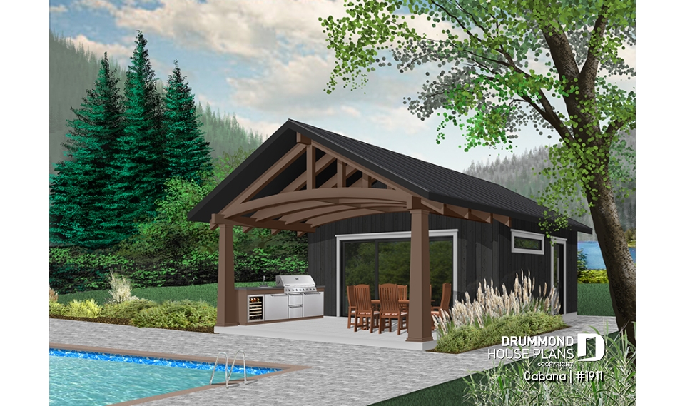 Color version 8 - Front - Pool house plan or cabana house plan, shower room, outdoor kitchen, large covered terrace, storage  - Cabana