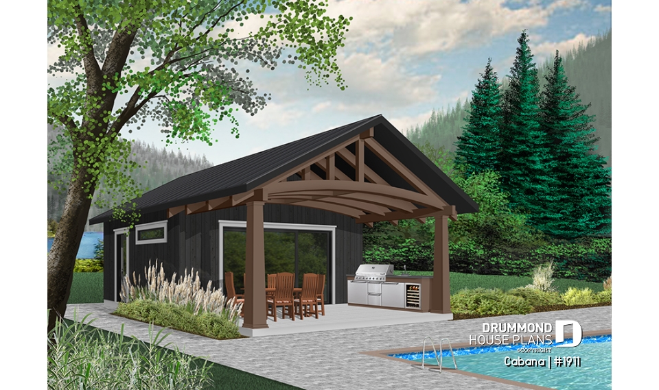 Color version 8 - Front - Pool house plan or cabana house plan, shower room, outdoor kitchen, large covered terrace, storage  - Cabana