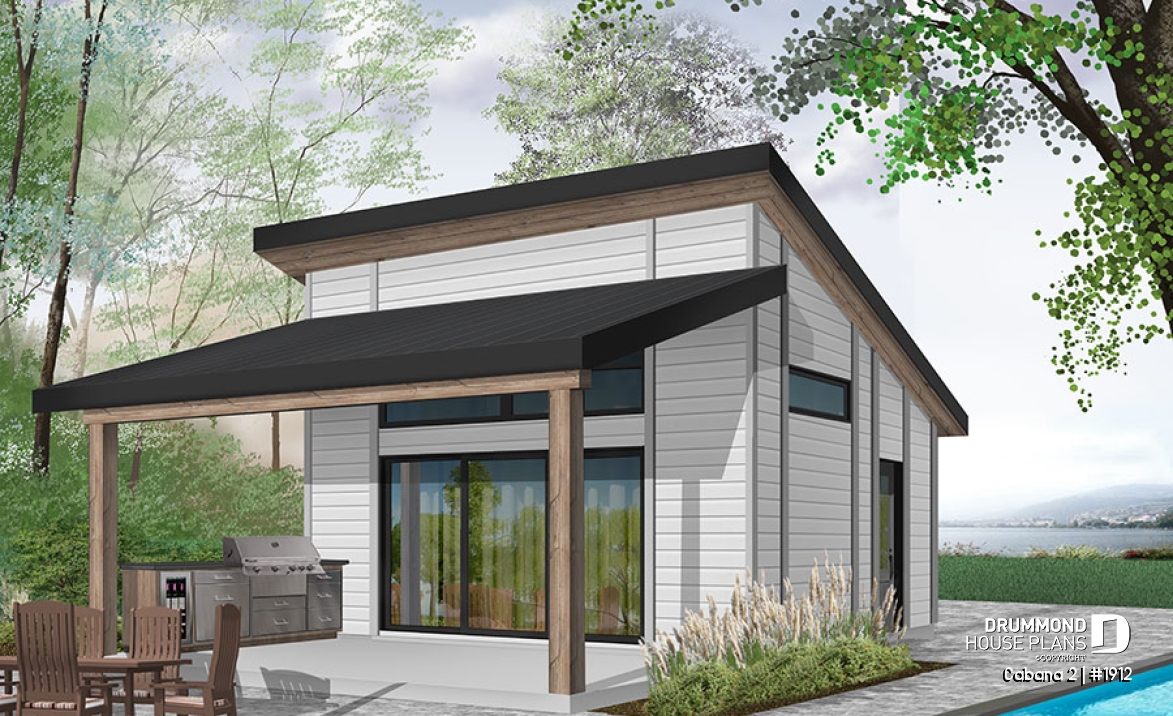 front - BASE MODEL - Pool house plan or cabana house plan, shower room, outdoor kitchen, large covered terrace, storage  - Cabana 2
