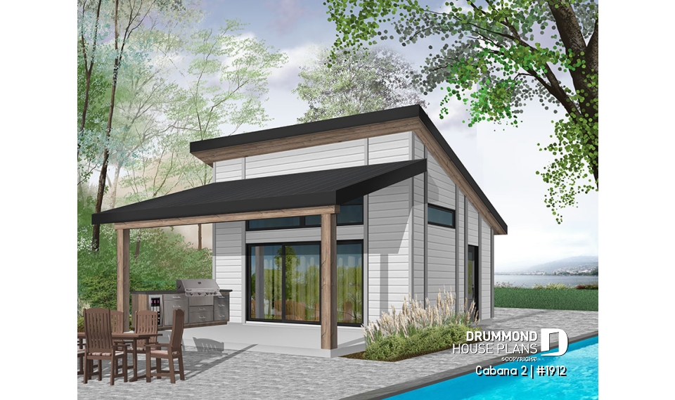 front - BASE MODEL - Pool house plan or cabana house plan, shower room, outdoor kitchen, large covered terrace, storage  - Cabana 2