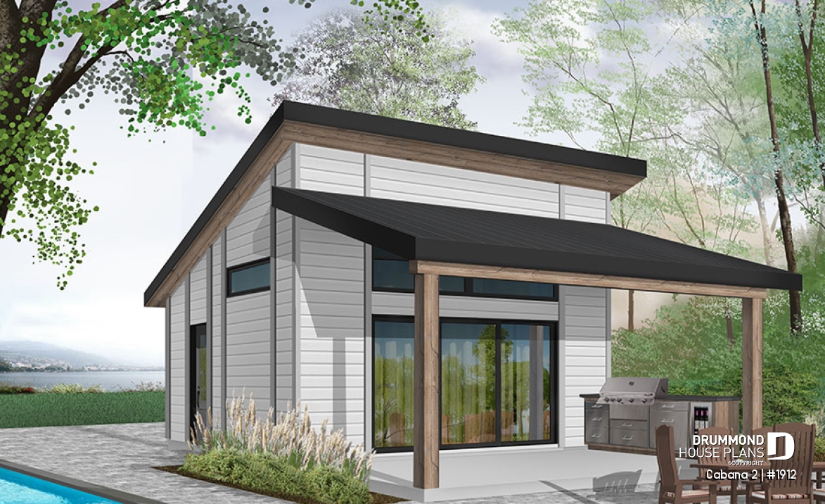 front - BASE MODEL - Pool house plan or cabana house plan, shower room, outdoor kitchen, large covered terrace, storage  - Cabana 2