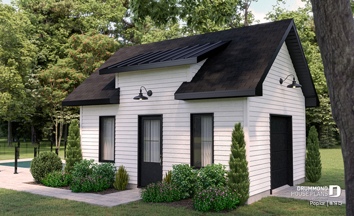front - BASE MODEL - Garden shed plan with garage door, farmhouse style - Poplar