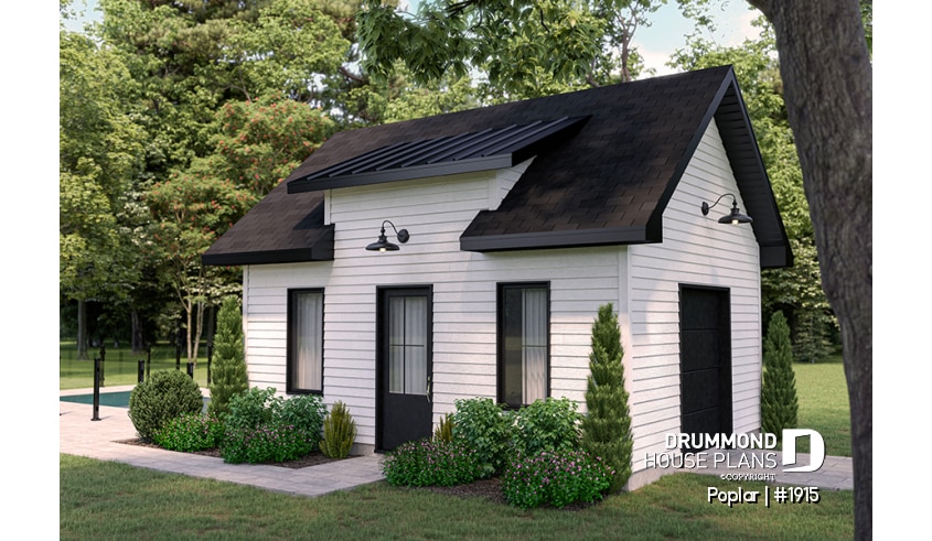front - BASE MODEL - Garden shed plan with garage door, farmhouse style - Poplar